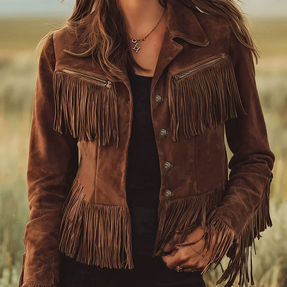 Suede Long Sleeve Fringe Jacket