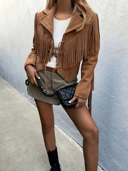 Suede Long Sleeve Fringe Jacket