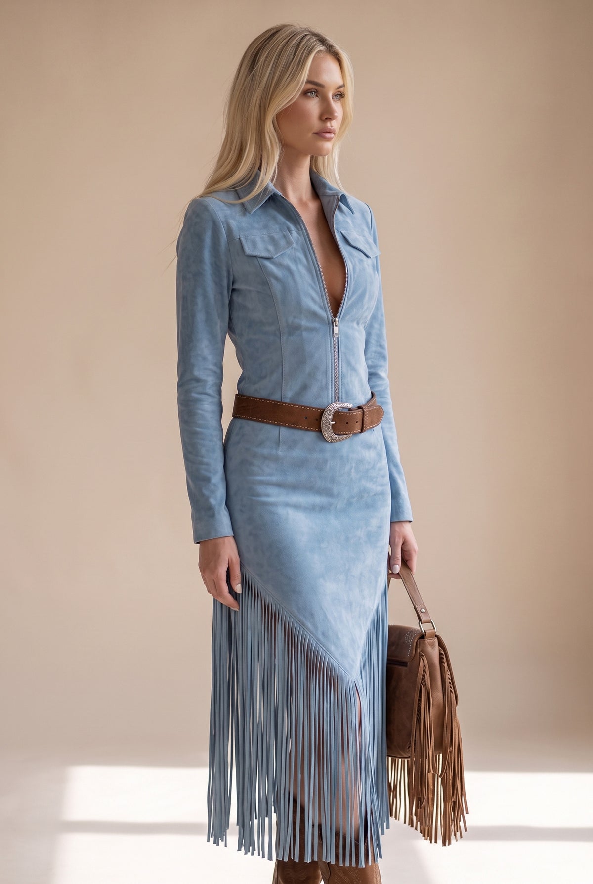 Suede Long Sleeve Fringe Midi Dress