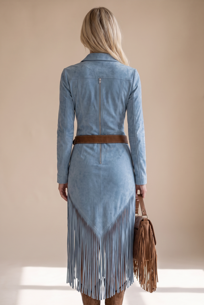 Suede Long Sleeve Fringe Midi Dress