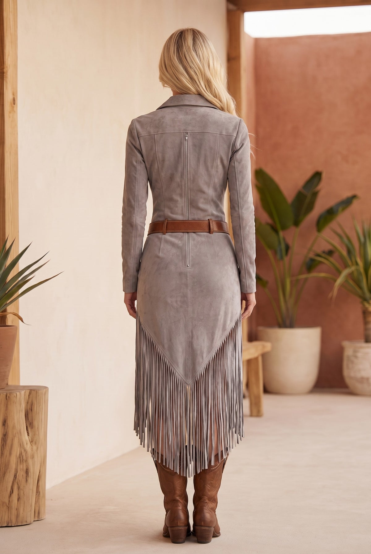 Suede Long Sleeve Fringe Midi Dress