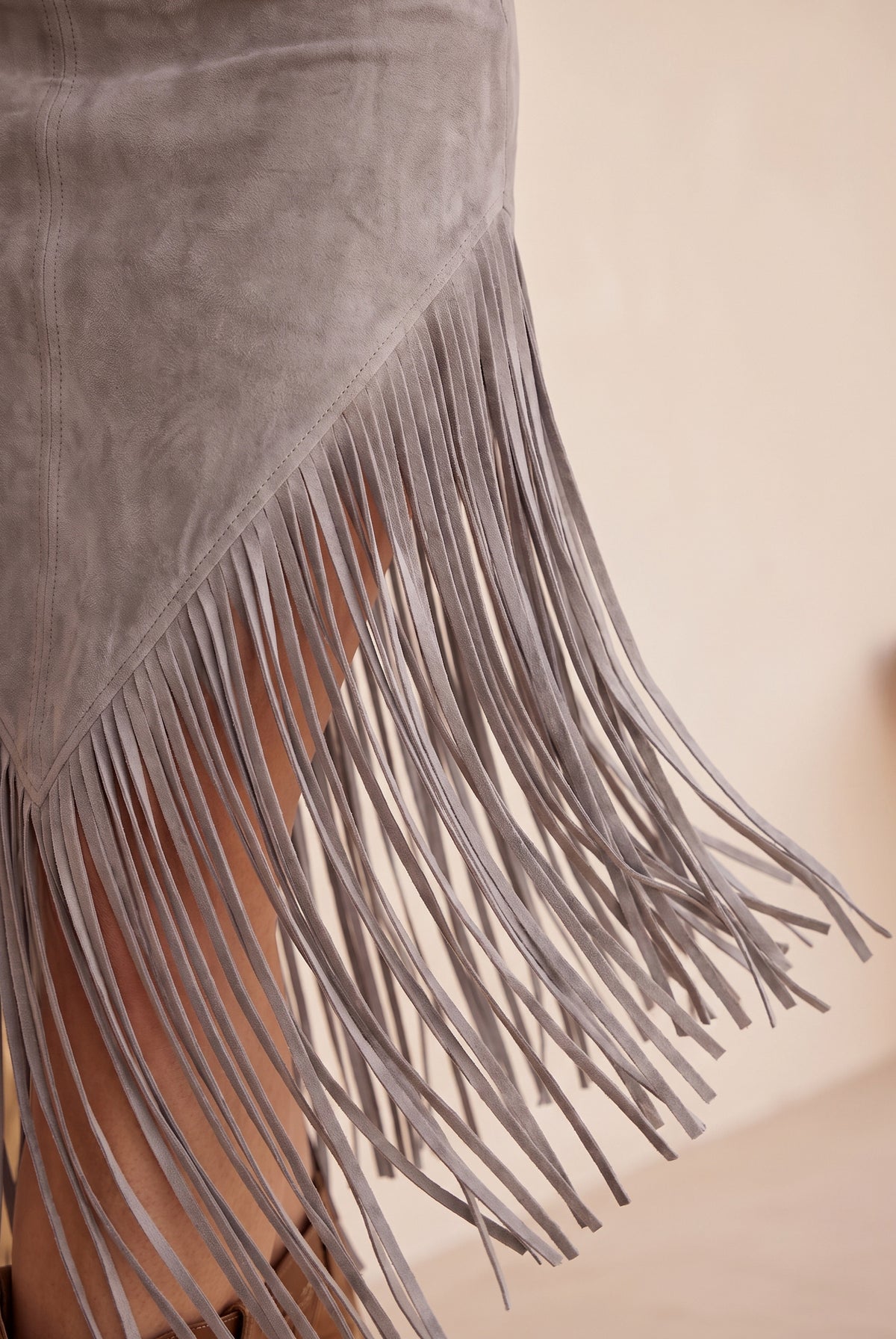 Suede Long Sleeve Fringe Midi Dress