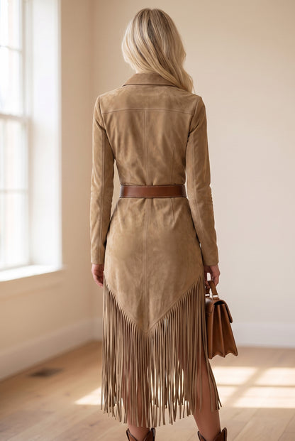 Suede Long Sleeve Fringe Midi Dress