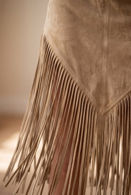 Suede Long Sleeve Fringe Midi Dress