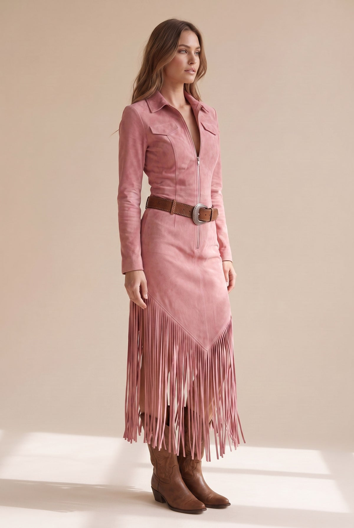 Suede Long Sleeve Fringe Midi Dress