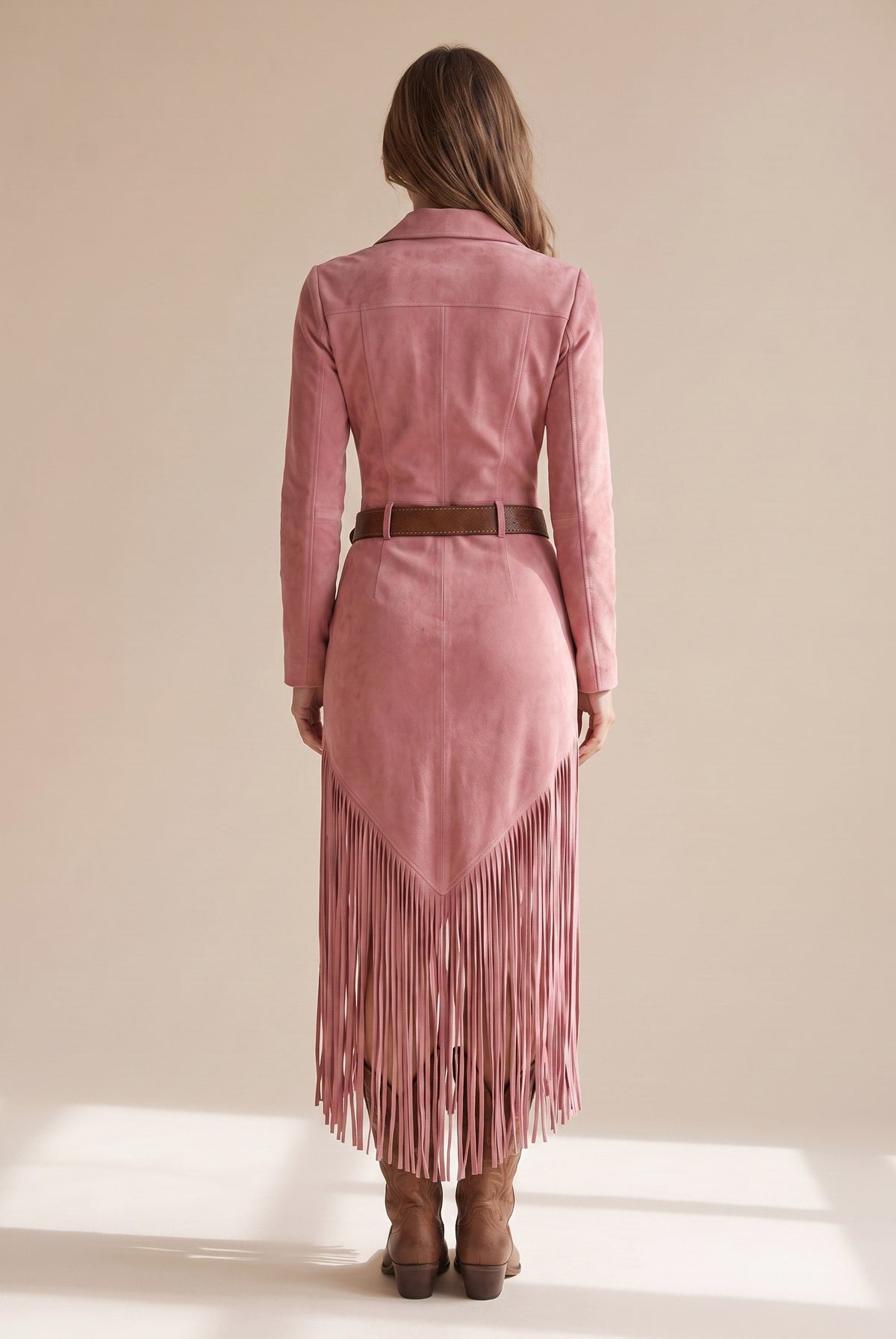 Suede Long Sleeve Fringe Midi Dress