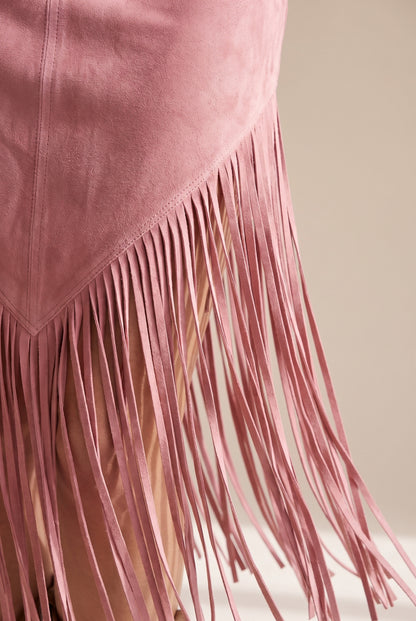 Suede Long Sleeve Fringe Midi Dress