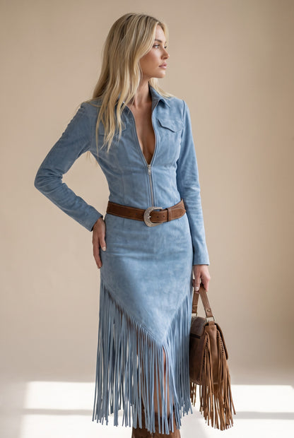 Suede Long Sleeve Fringe Midi Dress