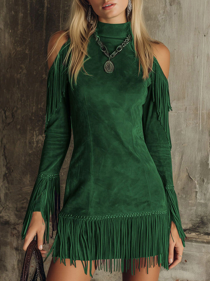 Suede Long Sleeve Fringe Mini Dress