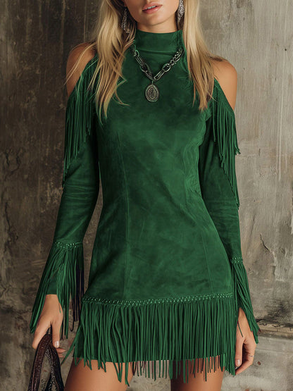 Suede Long Sleeve Fringe Mini Dress
