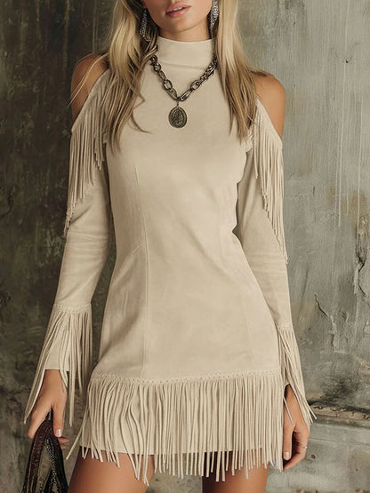 Suede Long Sleeve Fringe Mini Dress