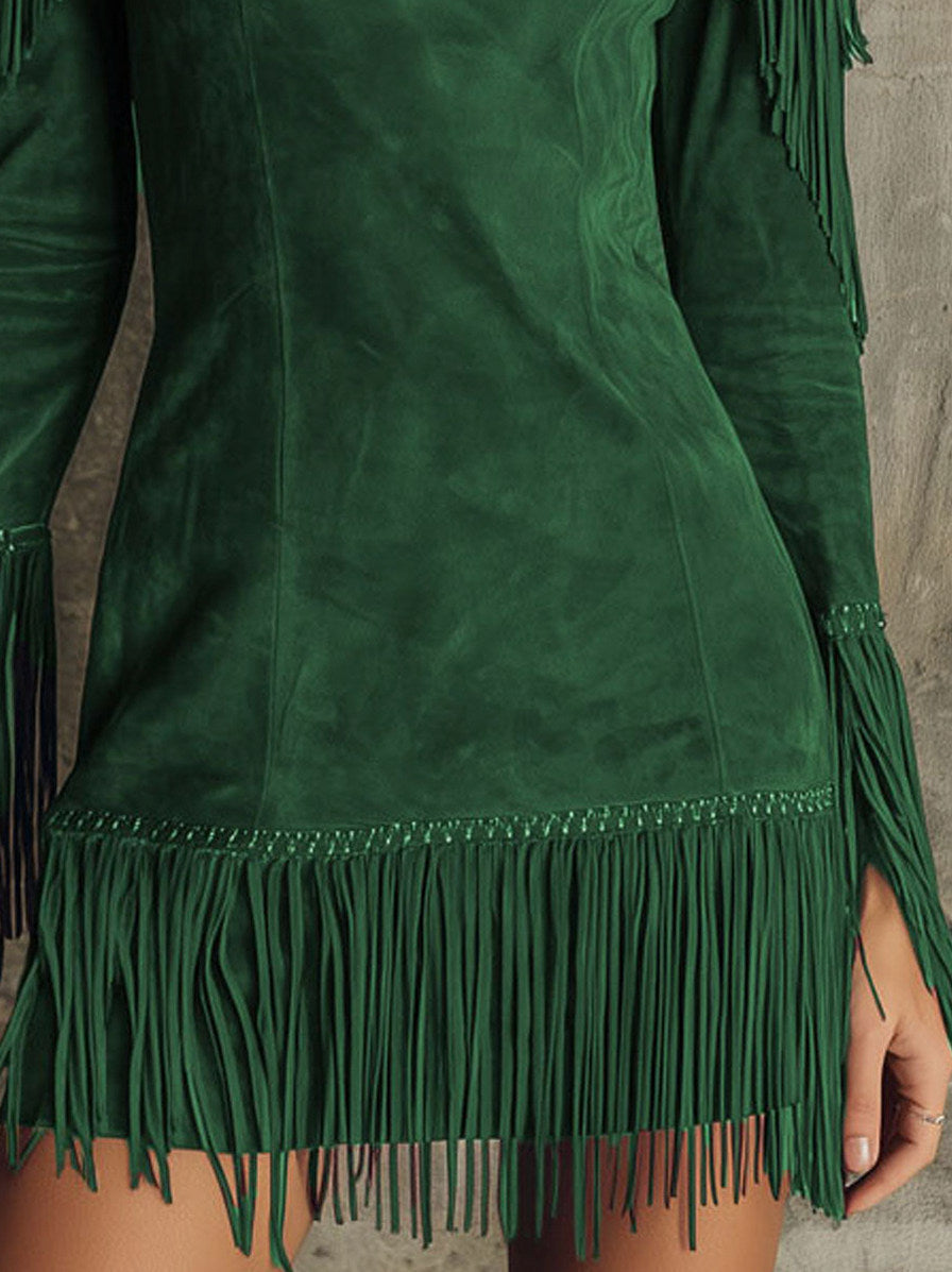 Suede Long Sleeve Fringe Mini Dress