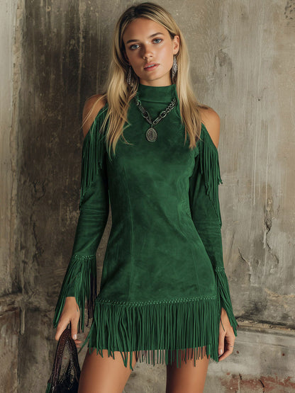 Suede Long Sleeve Fringe Mini Dress