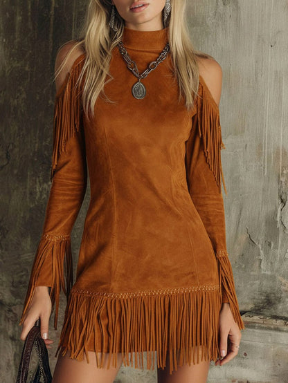 Suede Long Sleeve Fringe Mini Dress