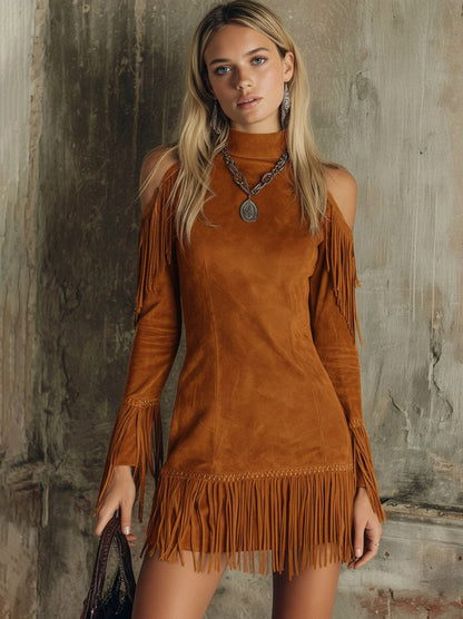Suede Long Sleeve Fringe Mini Dress