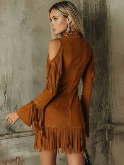 Suede Long Sleeve Fringe Mini Dress