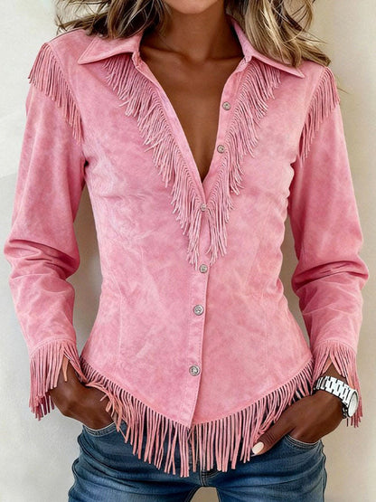 Suede Long Sleeve Fringe Shacket