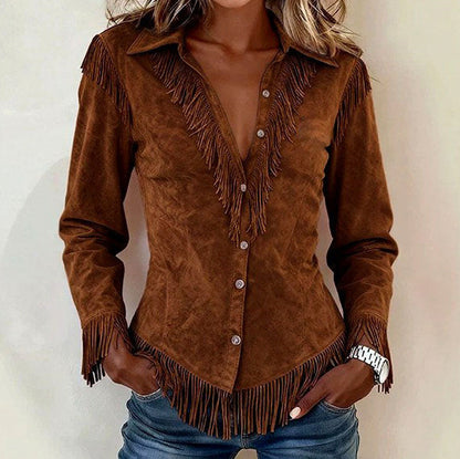 Suede Long Sleeve Fringe Shacket