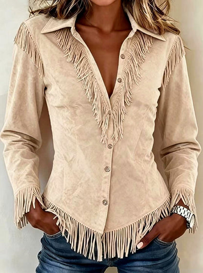 Suede Long Sleeve Fringe Shacket