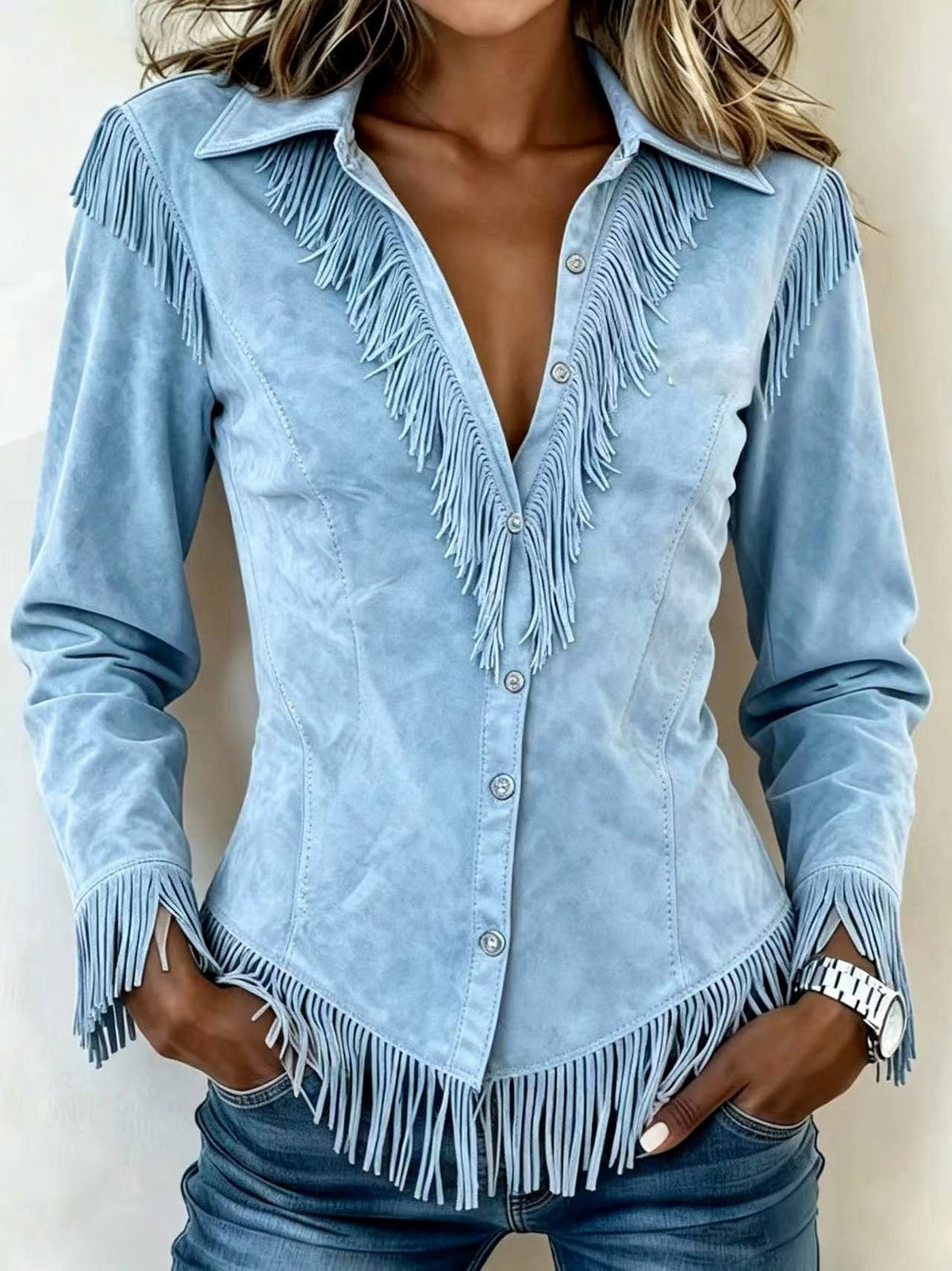 Suede Long Sleeve Fringe Shacket