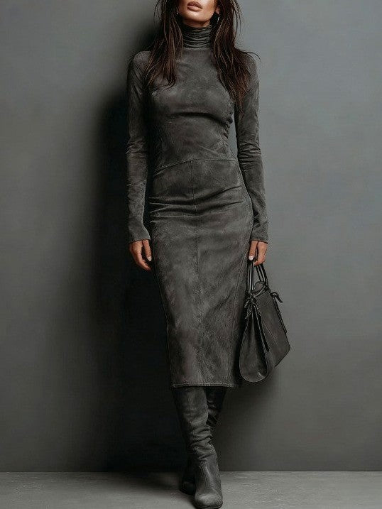 Suede Long Sleeve Midi Dress