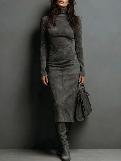 Suede Long Sleeve Midi Dress