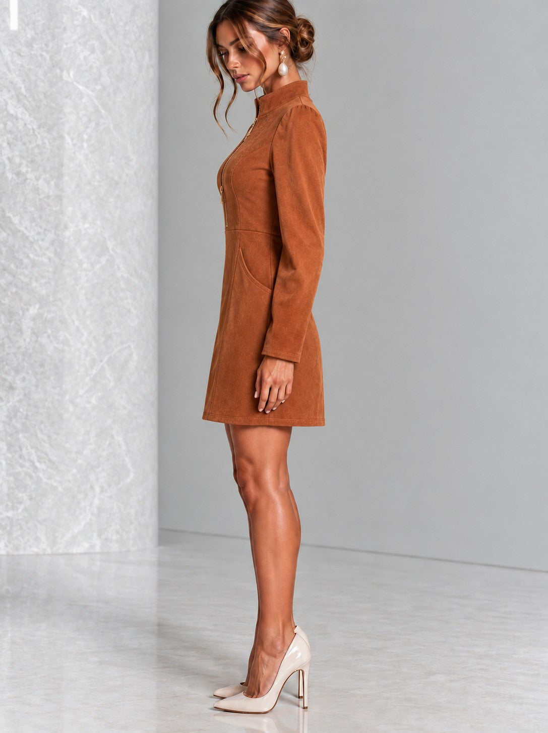 Suede Long Sleeve Mini Dress