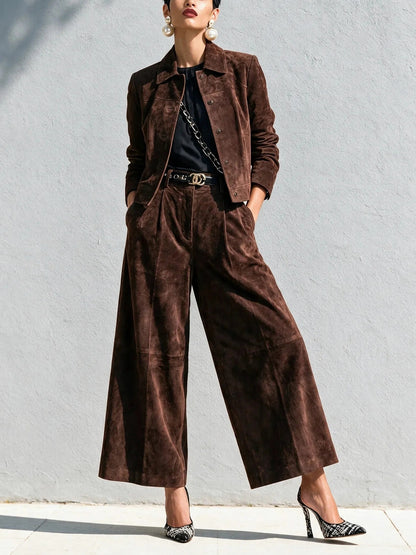 Suede Long Sleeve Two Piece Set