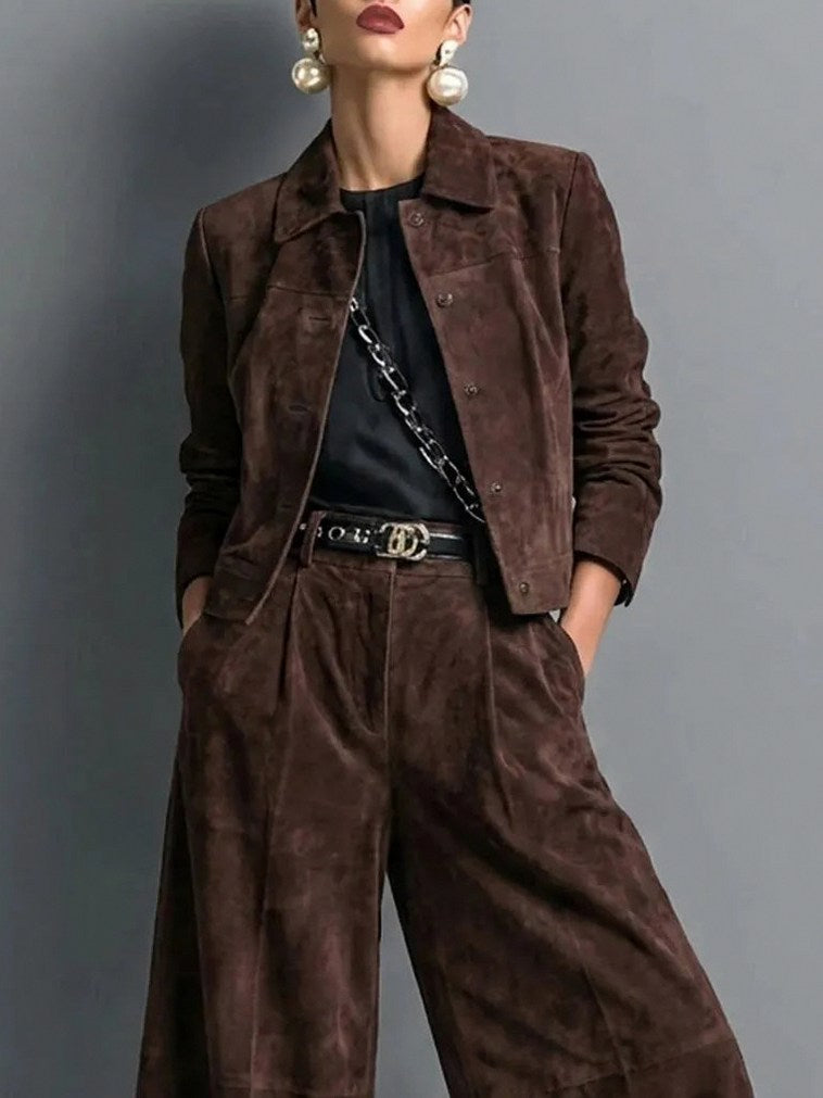 Suede Long Sleeve Two Piece Set