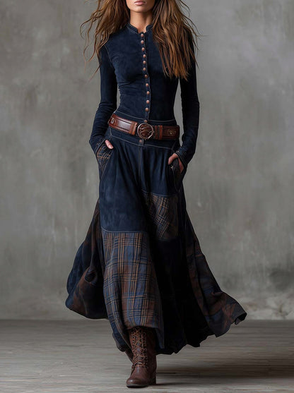 Suede Plaid Patchwork Maxi Dress