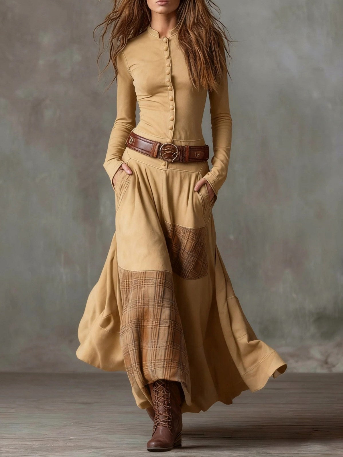 Suede Plaid Patchwork Maxi Dress