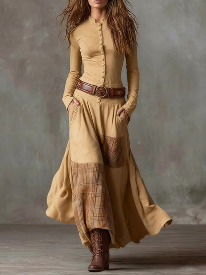 Suede Plaid Patchwork Maxi Dress