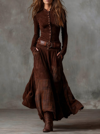 Suede Plaid Patchwork Maxi Dress