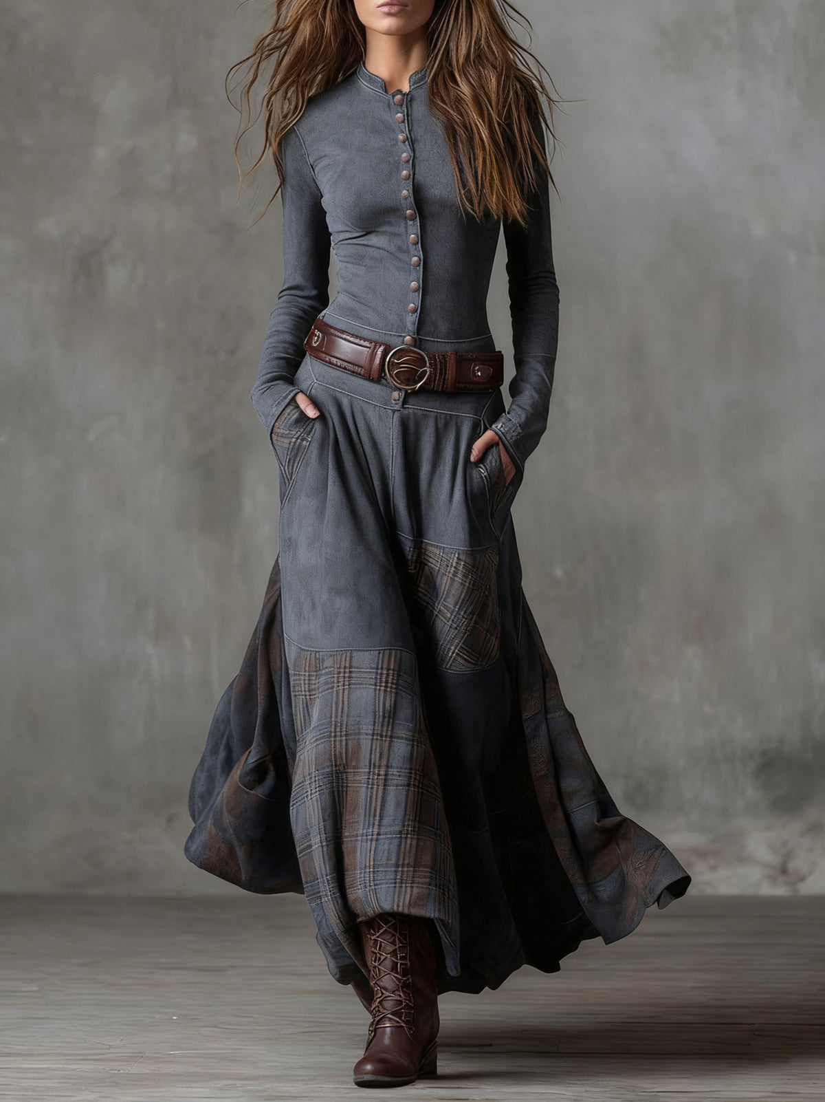 Suede Plaid Patchwork Maxi Dress