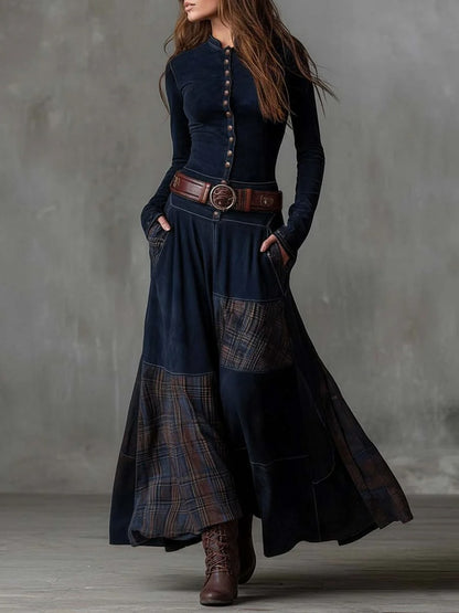 Suede Plaid Patchwork Maxi Dress