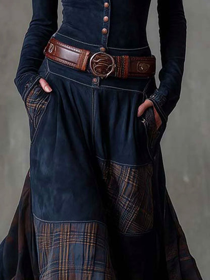 Suede Plaid Patchwork Maxi Dress