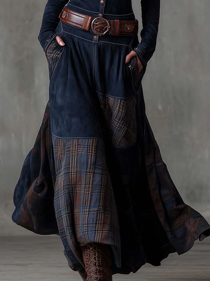 Suede Plaid Patchwork Maxi Dress