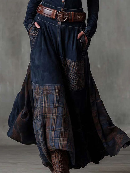 Suede Plaid Patchwork Maxi Dress