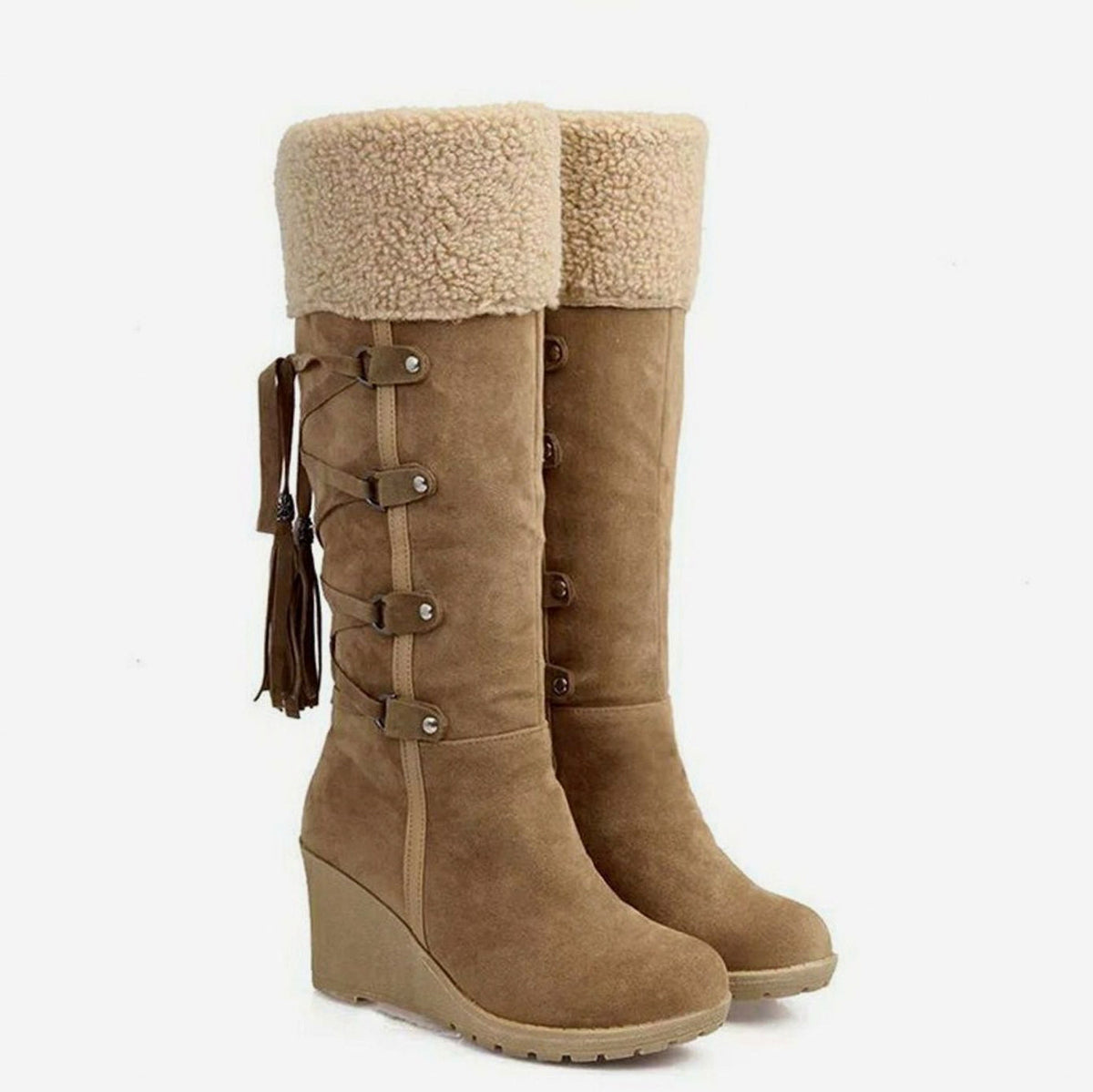 Suede Shearling Trim Wedge Boots