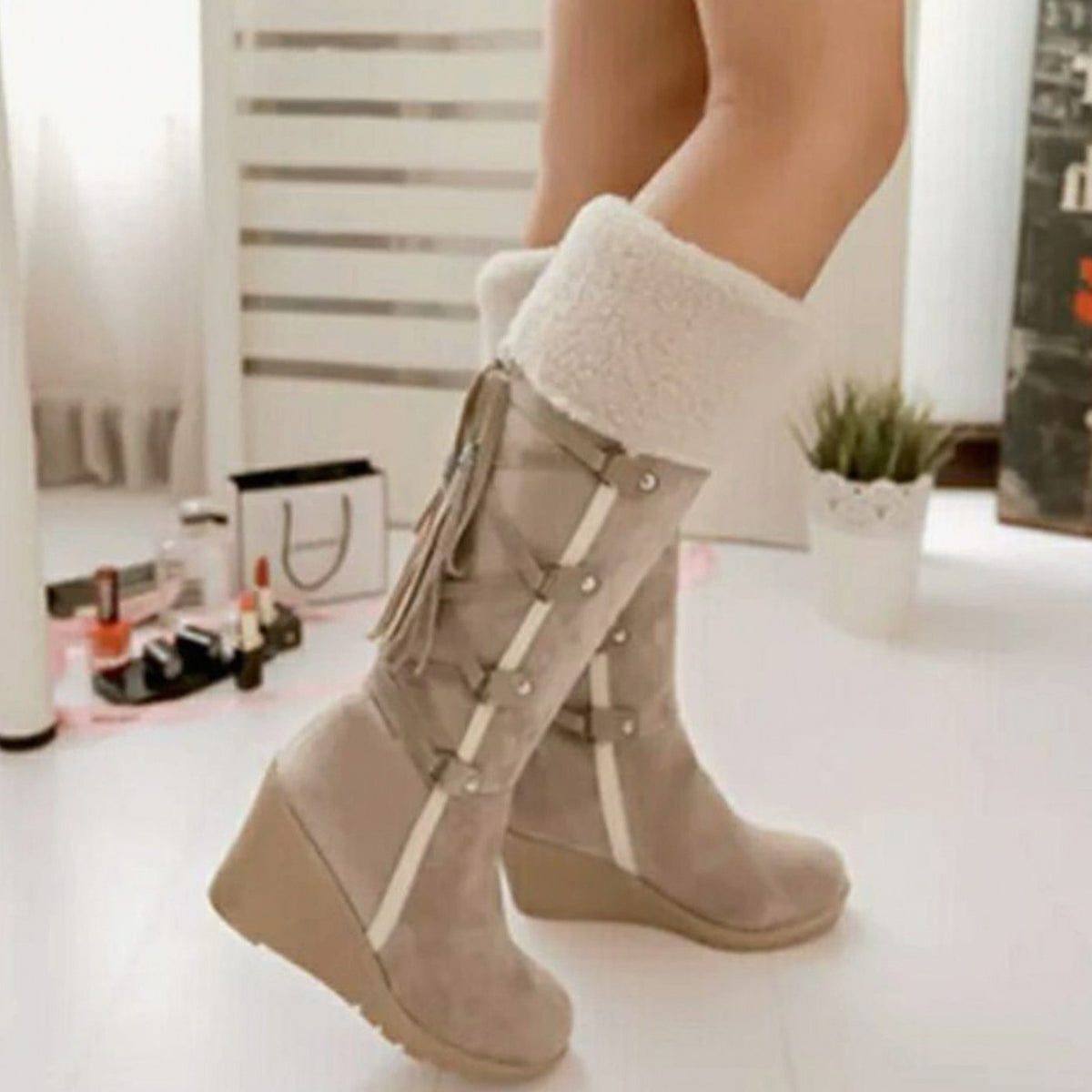 Suede Shearling Trim Wedge Boots