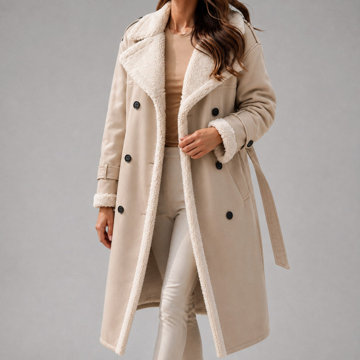 Suede Sherpa Trim Belted Trench Coat