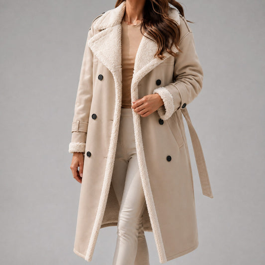 Suede Sherpa Trim Belted Trench Coat