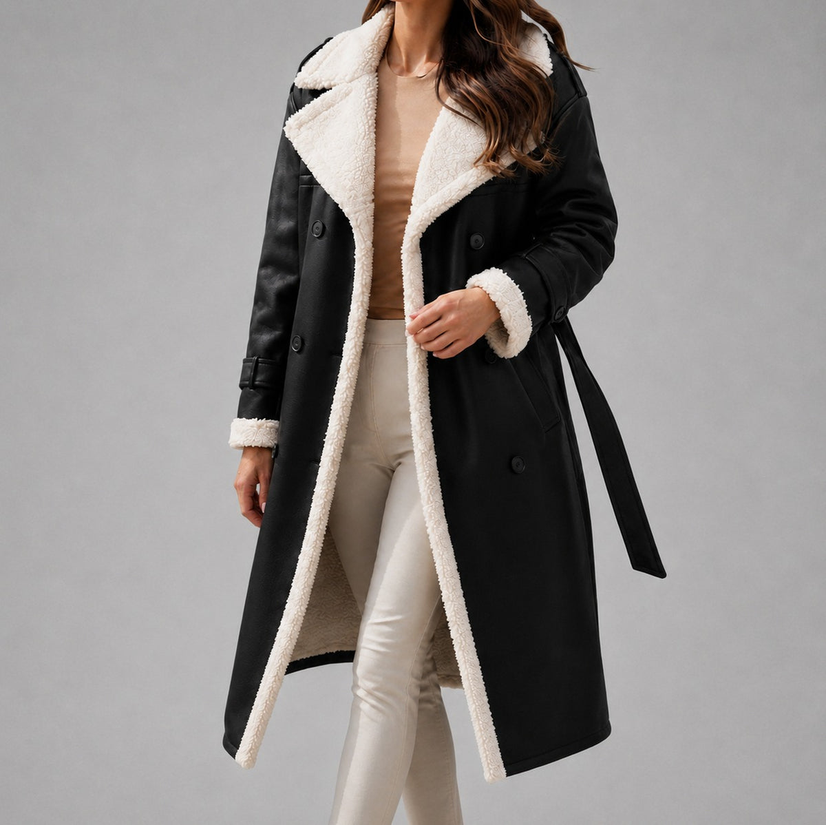 Suede Sherpa Trim Belted Trench Coat