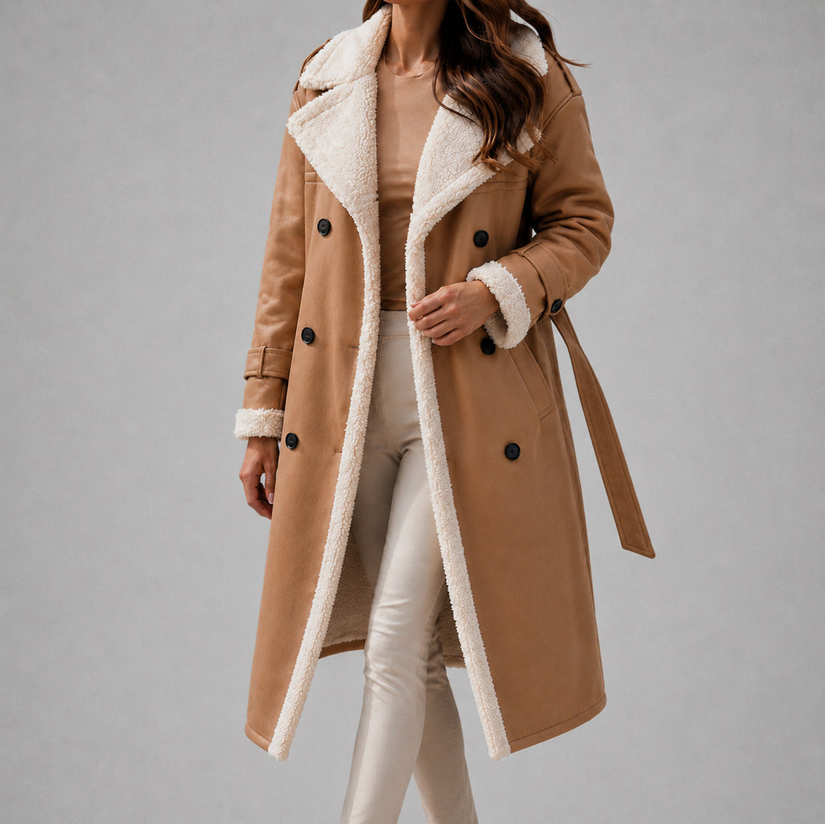 Suede Sherpa Trim Belted Trench Coat