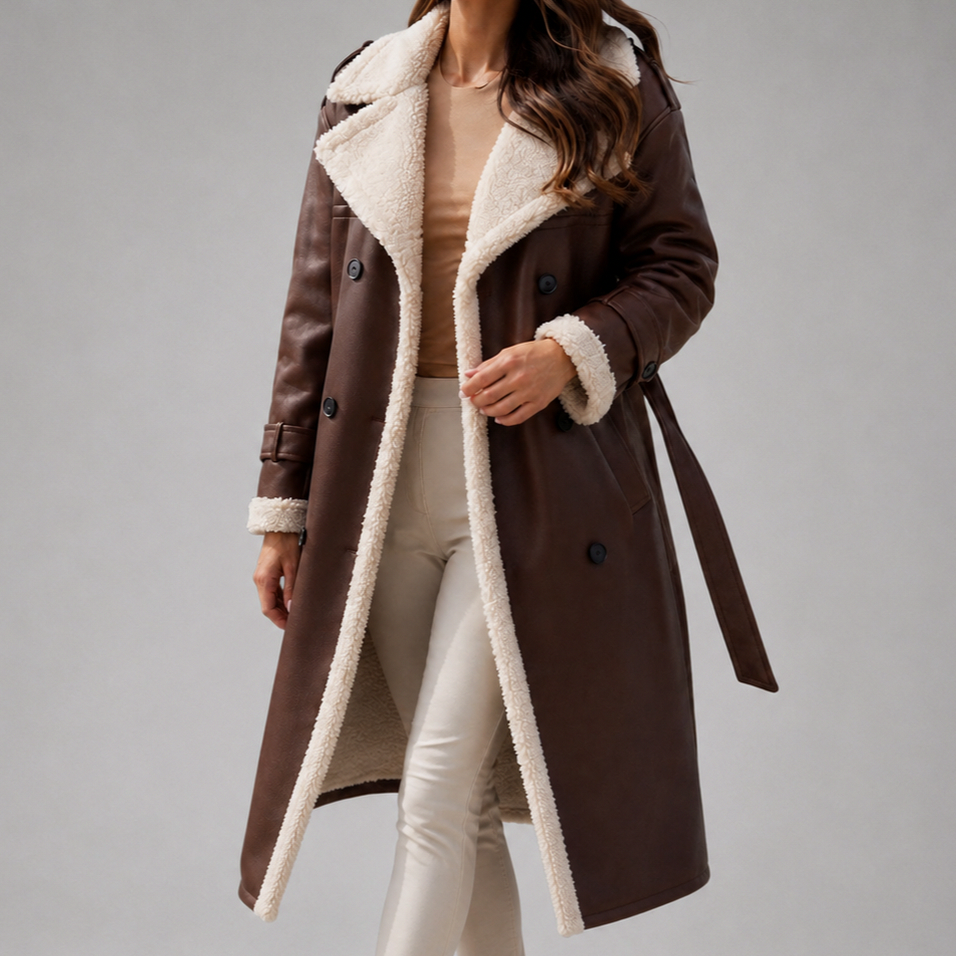 Suede Sherpa Trim Belted Trench Coat