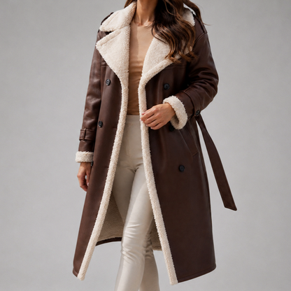 Suede Sherpa Trim Belted Trench Coat