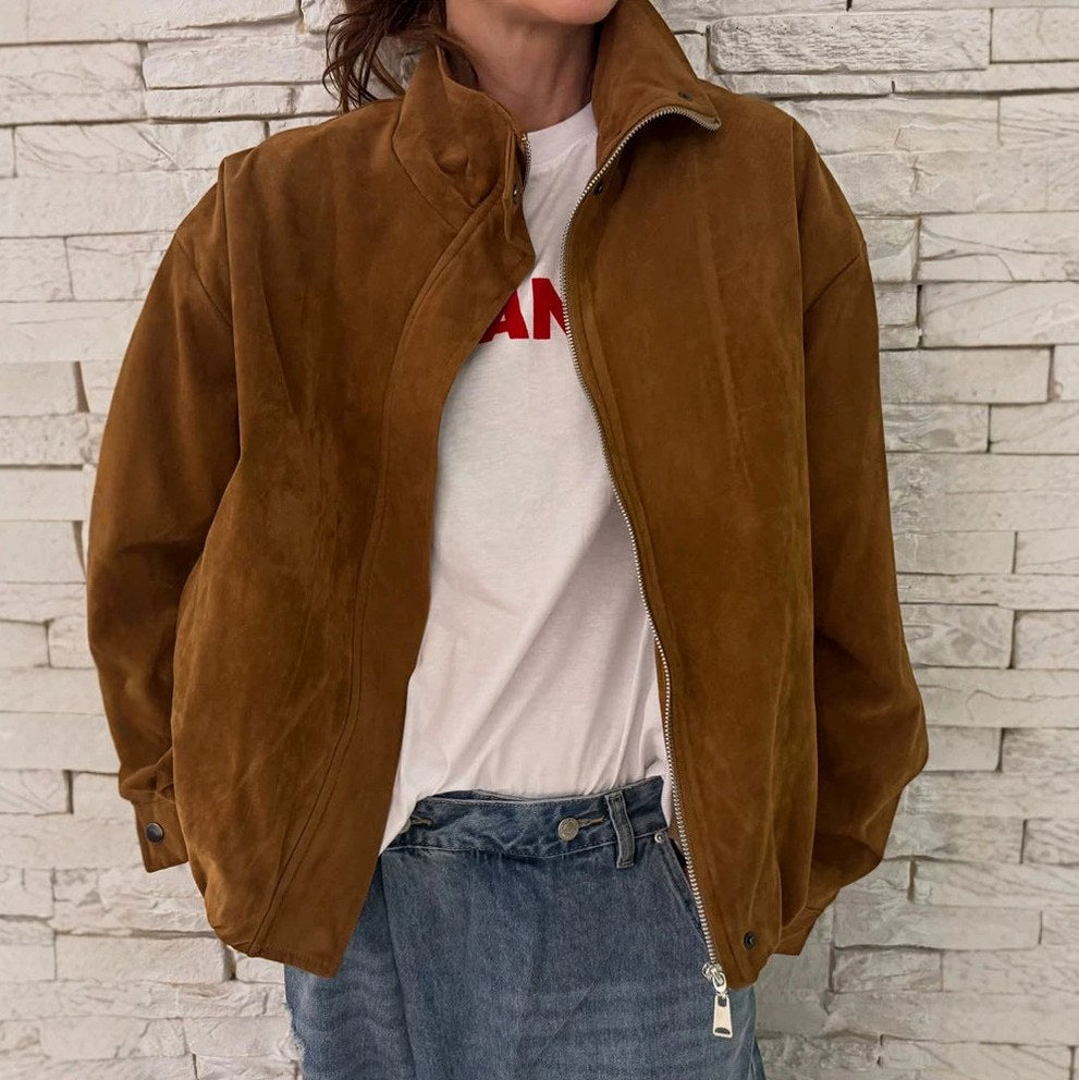 Suede Zip Up Bomber Jacket