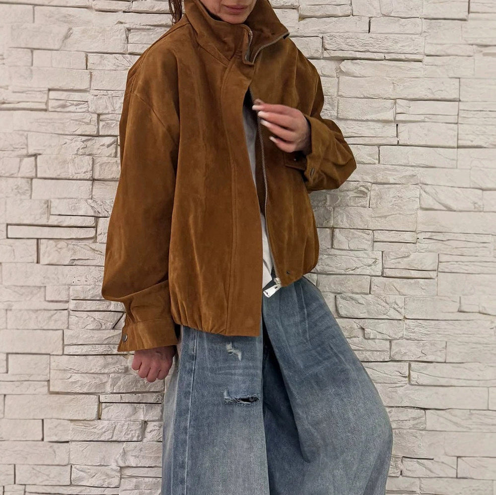 Suede Zip Up Bomber Jacket