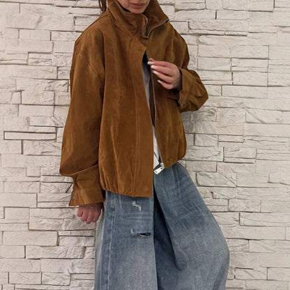 Suede Zip Up Bomber Jacket