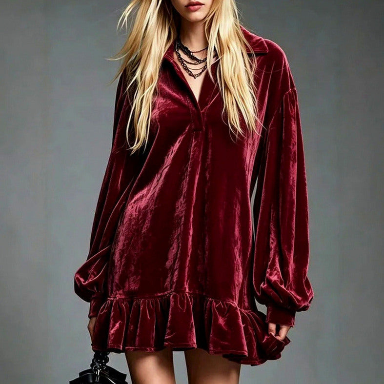 Velvet Balloon Sleeve Ruffle Mini Dress